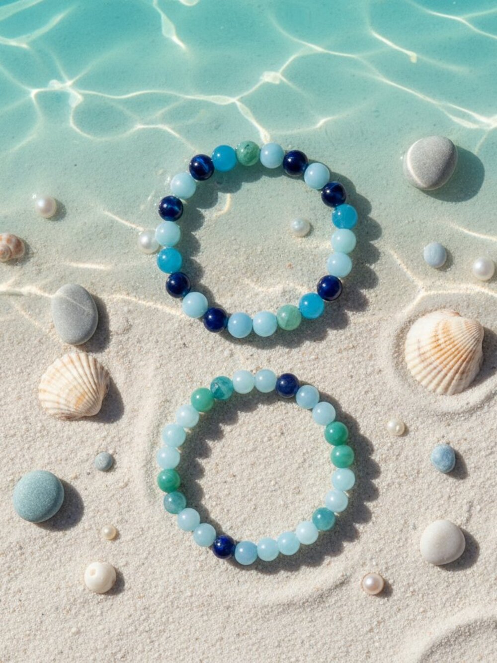 Ocean Breeze Beaded Bracelet Set | Handmade Light Blue Navy Teal Glass Beads